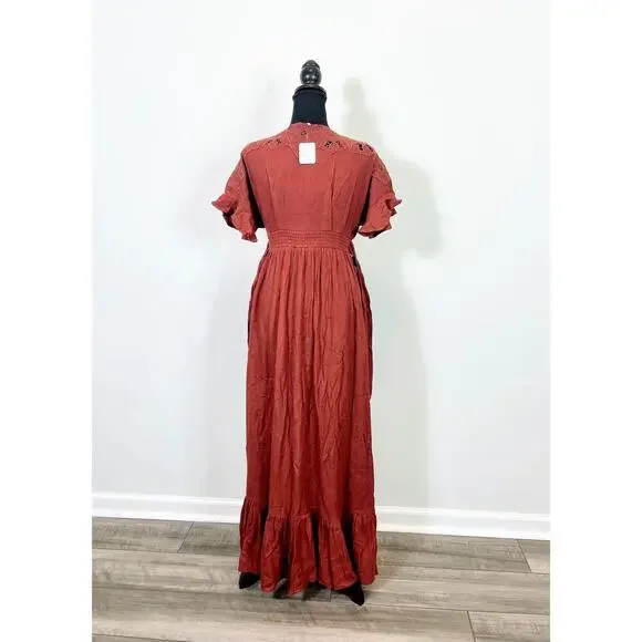 Free People Colette Maxi Dress Cinnamon Brown Size XS Floral Embroidered  Lined
